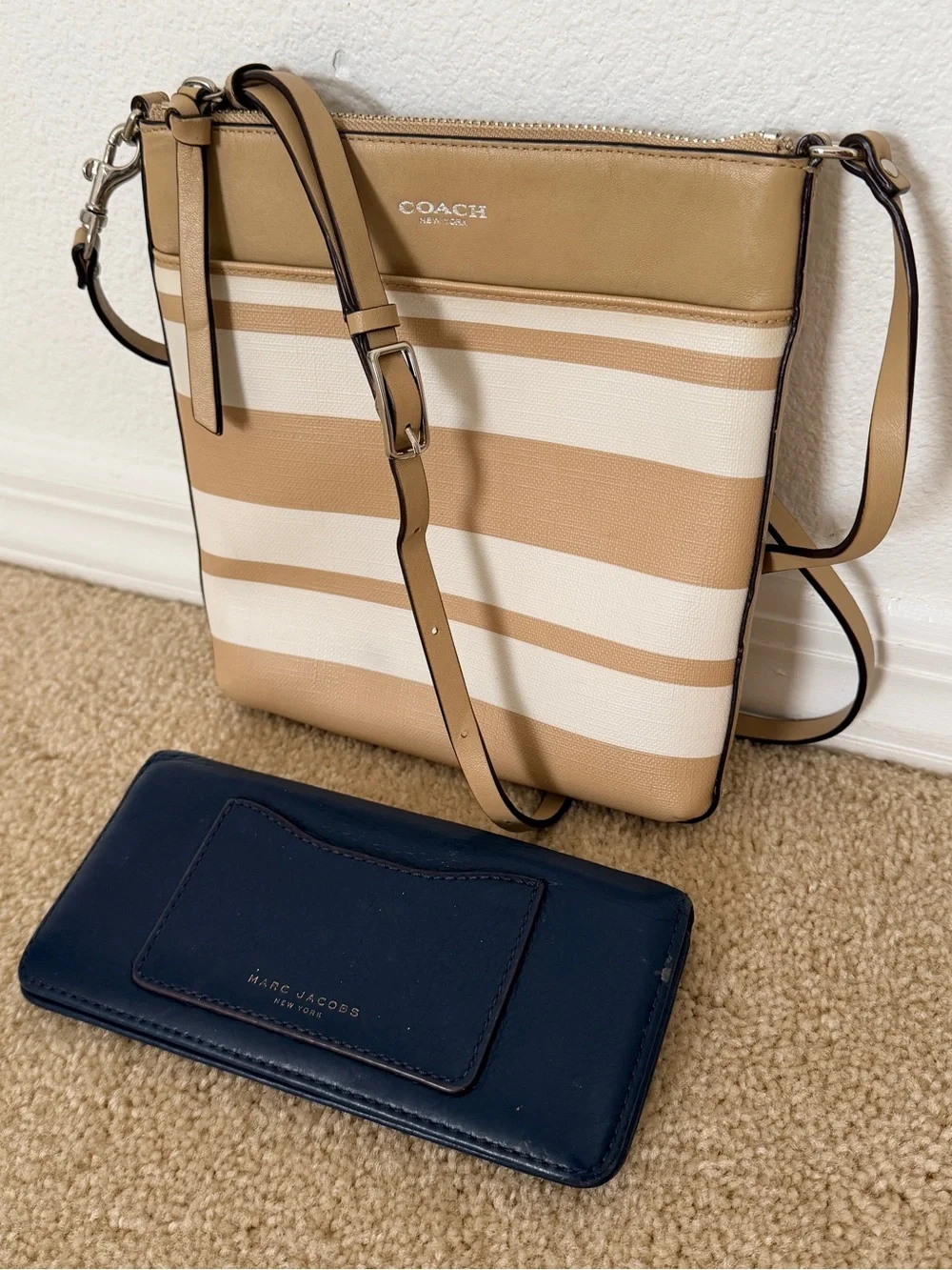 Coach Bleecker Striped Tan Slim Crossbody Bag w Marc Jacobs Leather Blue Wallet